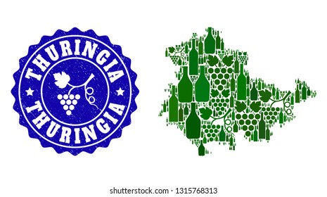 Vector combination of wine map of Thuringia State and grape grunge seal stamp. Map of Thuringia State collage designed with bottles and grape berries bunches.