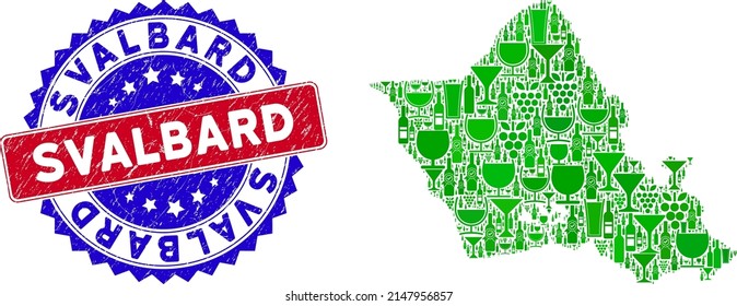Vector combination of wine Oahu Island map and grunge bicolor Svalbard seal stamp. Red and blue bicolored stamp with grunge surface and Svalbard phrase.