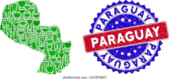 Vector combination of wine Paraguay map and grunge bicolor Paraguay stamp. Red and blue bicolored stamp with corroded style and Paraguay slogan. Paraguay map collage composed with wine glasses,