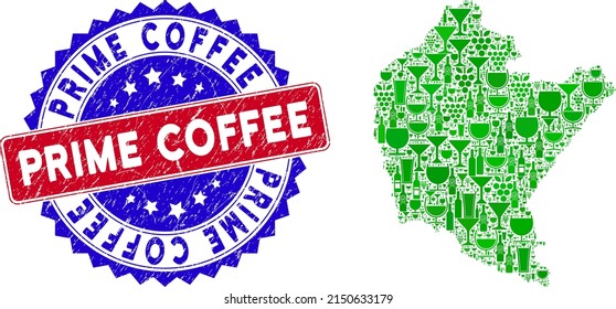 Combinación vectorial del mapa de la Voivodeship Podkarpackie con sello de sello de sello Prime Coffee bicolor. Sello bicolor rojo y azul con estilo corroído y texto de Prime Coffee.