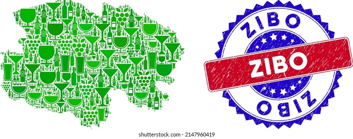 Vector combination of wine Qinghai Province map and grunge bicolor Zibo seal. Red and blue bicolored seal with grunge texture and Zibo caption. Qinghai Province map collage is designed with wine cups,
