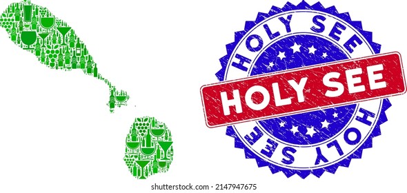 Vector combination of wine Saint Kitts and Nevis map and grunge bicolor Holy See seal stamp. Red and blue bicolored stamp with distress surface and Holy See slogan.