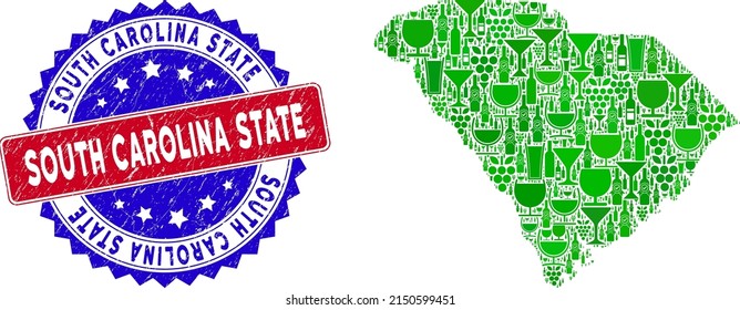 Vector combination of wine South Carolina State map and grunge bicolor South Carolina State seal stamp. Red and blue bicolored seal with grunge surface and South Carolina State word.