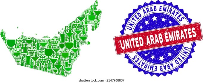 Vector combination of wine United Arab Emirates map with grunge bicolor United Arab Emirates seal. Red and blue bicolored seal with grunge surface and United Arab Emirates slogan.