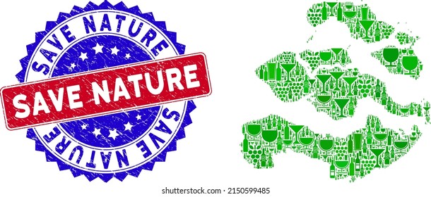 Vector combination of wine Zeeland Province map and grunge bicolor Save Nature seal stamp. Red and blue bicolored stamp with unclean texture and Save Nature word.