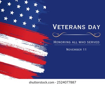 Vector of comemmoration veterans day. With american flag and typo with blue background.