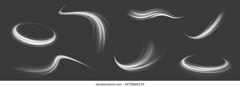 Vector comet with large dust. Falling Star. Glow light effect. Vector illustration isolated. Luminous white lines of speed. Twist white line.	