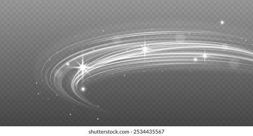 Vector comet with large dust. Falling Star. Glow light effect. Vector illustration isolated. Luminous white lines of speed. Twist white line.	