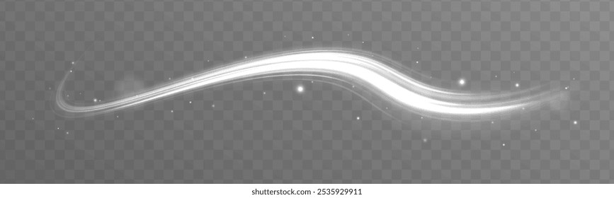 Vector comet with large dust. Falling Star. Glow light effect. Vector illustration isolated. Luminous white lines of speed. Twist white line.	