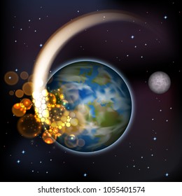 Vector, comet meteor flying close to earth, collision, fell to the ground, the catastrophe, the death of the dinosaurs, the meteorite threat, cosmic threat to the planet, realistic illustration.