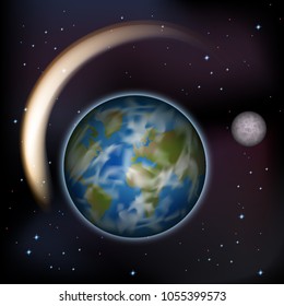 Vector, comet meteor flying near the ground, a dangerous meteorite, cosmic peril for the planet mesh, and realistic illustration.