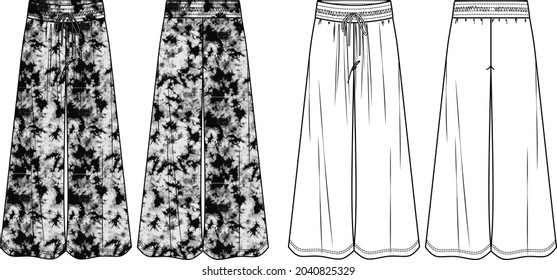 Vector Comfy Yoga Pants Technical Drawing, Woman Wide-leg Sweatpants Fashion CAD, Template, Sketch, Flat. Jersey Or Woven Fabric Trousers With Front, Back View, White Color. Palazzo Tie-dye Trousers 