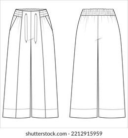 Vector comfy yoga pants technical drawing, woman wide-leg sweatpants fashion CAD, template, sketch, flat. Jersey or woven fabric trousers with front, back view, white color. Striped palazzo trousers