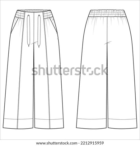 Vector comfy yoga pants technical drawing, woman wide-leg sweatpants fashion CAD, template, sketch, flat. Jersey or woven fabric trousers with front, back view, white color. Striped palazzo trousers