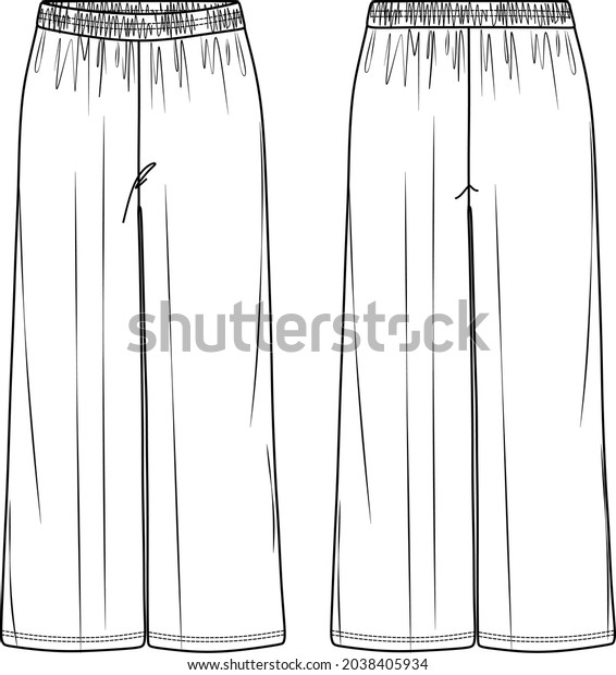 Vector comfy yoga pants technical drawing, woman\
wide-leg sweatpants fashion CAD, template, sketch, flat. Jersey or\
woven fabric trousers with front, back view, white color. Palazzo\
trousers drawing