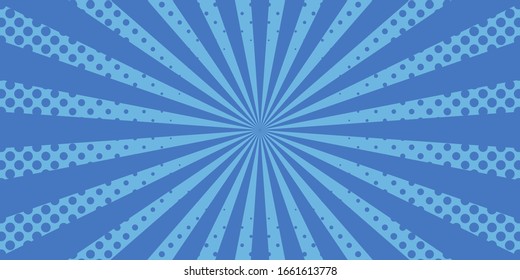 Vector comic book background. Sunburst halftone pattern in retro pop art style