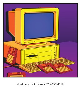 Vector comic book frame style illustration of retro computer, keyboard and several floppy disks. Bright colors, the spirit of the nineties, old good days vibe