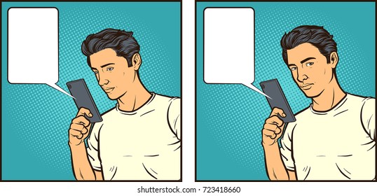 Vector comic book illustration of a man reacting to something seen on his smartphone. Some elements on separate layers. 