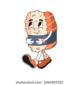 Vector comic book saki or sake sushi. Smiling fish roll food with salmon and rice. Walking japanese nigiri dish with shari in pop art style. Vintage sign for japanese, asian sea nutrition.Rice cuisine