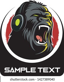 Vector, comic book style roaring gorilla with headphones, animal logo design concept.