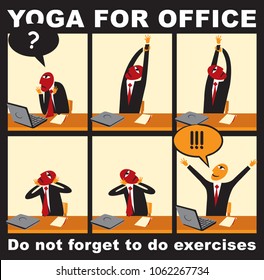 Vector comic with a businessman who does exercises in the workplace with the inscription Yoga for the office