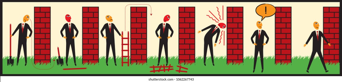 Vector comic with a businessman who overcomes an obstacle. A smart business decision