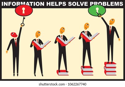Vector comic with a businessman who reads books and opens the lock with a key. Information helps solve problems. Knowledge - power