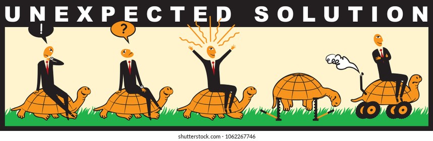 Vector comic with a businessman who rides a turtle and makes an unexpected decision. Business strategy, acceleration