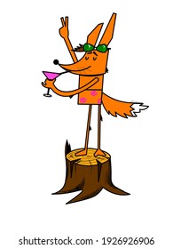 Vector  comic or cartoon illustration of a happy fox drinking a summer cocktail .Fox stands on a tree stump . Isolated on white background