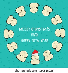 Vector comic cartoon merry christmas illustration with snowman. vector merry christmas and happy new year background for greeting card or banner