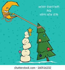 Vector comic cartoon merry christmas illustration with snowman. vector merry christmas and happy new year background for greeting card or banner