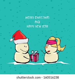 Vector comic cartoon merry christmas illustration with snowman. vector merry christmas and happy new year background for greeting card or banner