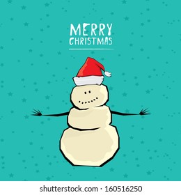 Vector comic cartoon merry christmas illustration with snowman. vector merry christmas and happy new year background for greeting card or banner