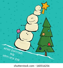 Vector comic cartoon merry christmas illustration with snowman. vector merry christmas and happy new year background for greeting card or banner