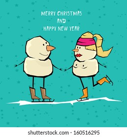 Vector comic cartoon merry christmas illustration with snowman. vector merry christmas and happy new year background for greeting card or banner