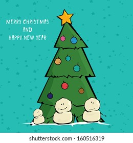 Vector comic cartoon merry christmas illustration with snowman. vector merry christmas and happy new year background for greeting card or banner