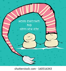 Vector comic cartoon merry christmas illustration with snowman. vector merry christmas and happy new year background for greeting card or banner