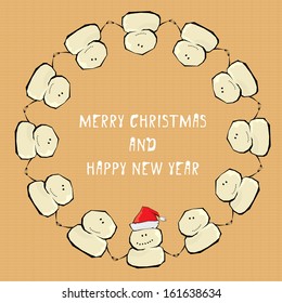 Vector comic cartoon merry christmas illustration with snowman. vector merry christmas and happy new year vintage paper background for greeting card or banner