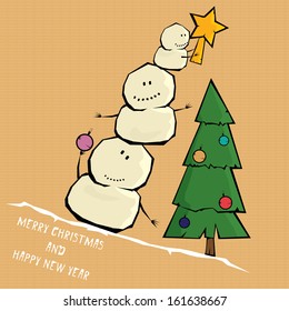 Vector comic cartoon merry christmas illustration with snowman. vector merry christmas and happy new year vintage paper background for greeting card or banner