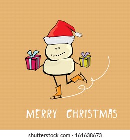 Vector comic cartoon merry christmas illustration with snowman. vector merry christmas and happy new year vintage paper background for greeting card or banner