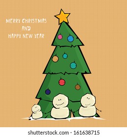 Vector comic cartoon merry christmas illustration with snowman. vector merry christmas and happy new year vintage paper background for greeting card or banner