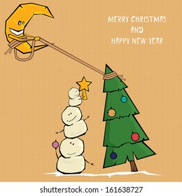 Vector comic cartoon merry christmas illustration with snowman. vector merry christmas and happy new year vintage paper background for greeting card or banner