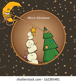 Vector comic cartoon merry christmas illustration with snowman. vector merry christmas and happy new year vintage star paper background for greeting card or banner design