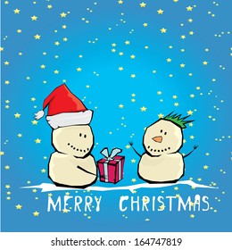 Vector comic cartoon merry christmas illustration with snowman. vector merry christmas and happy new year vintage star paper background for greeting card or banner design