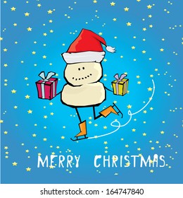 Vector comic cartoon merry christmas illustration with snowman. vector merry christmas and happy new year vintage star paper background for greeting card or banner design