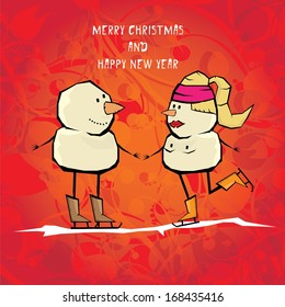Vector comic cartoon merry christmas illustration with snowman. vector merry christmas and happy new year vintage red floral background for greeting card or banner design