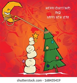 Vector comic cartoon merry christmas illustration with snowman. vector merry christmas and happy new year vintage red floral background for greeting card or banner design