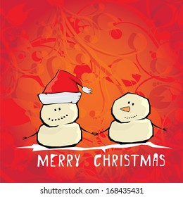Vector comic cartoon merry christmas illustration with snowman. vector merry christmas and happy new year vintage red floral background for greeting card or banner design