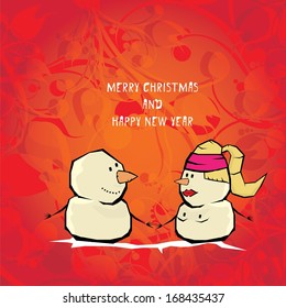 Vector comic cartoon merry christmas illustration with snowman. vector merry christmas and happy new year vintage red floral background for greeting card or banner design