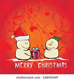Vector comic cartoon merry christmas illustration with snowman. vector merry christmas and happy new year vintage red floral background for greeting card or banner design